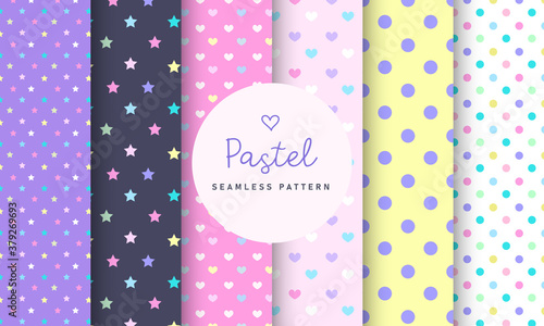 Sweet Pastel seamless pattern collection. Set of 6 colorful background with polka dot, stripe and simple symbol. Kawaii patterns vector for gift wrap, wallpaper, wrapping paper and fabric patterns. © Moko22