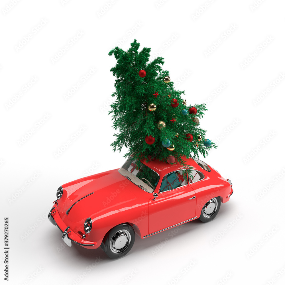 3d render. Red vintage car with Christmas tree and gifts on white background. Christmas card. Krasnodar, 18 July 2020