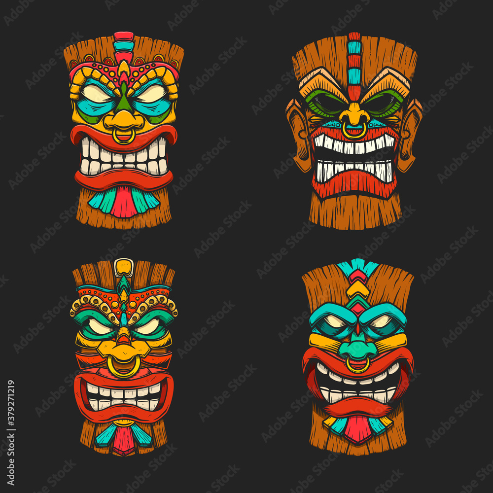 Sет of Illustrations of Tiki tribal wooden mask. Design element for logo, emblem, sign, poster, card, banner. Vector illustration Sет of Illustrations of Tiki tribal wooden mask. Design element for logo, emblem, sign, poster, card, banner. Vector illustration