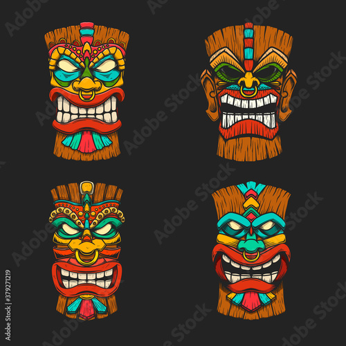 S     of Illustrations of Tiki tribal wooden mask. Design element for logo  emblem  sign  poster  card  banner. Vector illustration