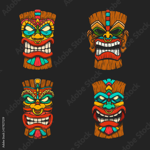 Sет of Illustrations of Tiki tribal wooden mask. Design element for logo, emblem, sign, poster, card, banner. Vector illustration