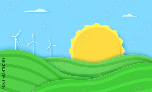 Agriculture field with hills and windmill eco energy in paper cut style. 3d farm landscape with green waves and blue sky. Creative vector illustration ecology and environment conservation concept
