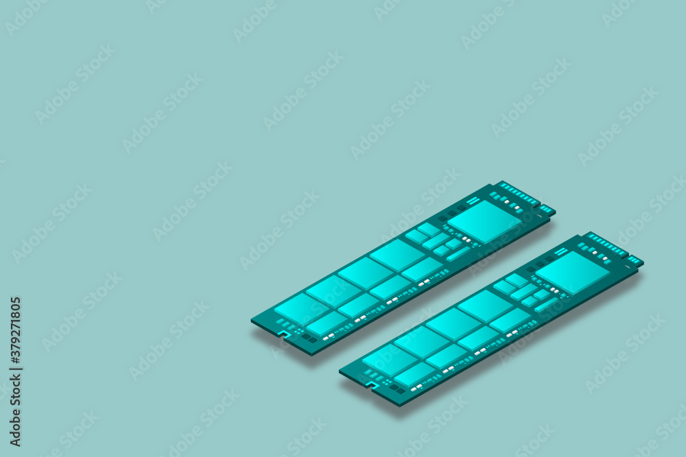 NVME Express M.2 memory realistic 3d isometric illustration, random access memory, personal computer hardware component, custom gaming and workstation accessories, vector illustration. NVME Express M.2 memory realistic 3d isometric illustration, random access memory, personal computer hardware component, custom gaming and workstation accessories, vector illustration.