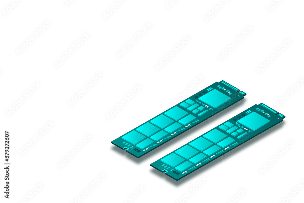 NVME Express M.2 memory realistic 3d isometric illustration, random access memory, personal computer hardware component, custom gaming and workstation accessories, vector illustration. NVME Express M.2 memory realistic 3d isometric illustration, random access memory, personal computer hardware component, custom gaming and workstation accessories, vector illustration.