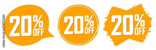 Set Sale 20% off banners, discount tags design template, extra promo, brush grunge, vector illustration