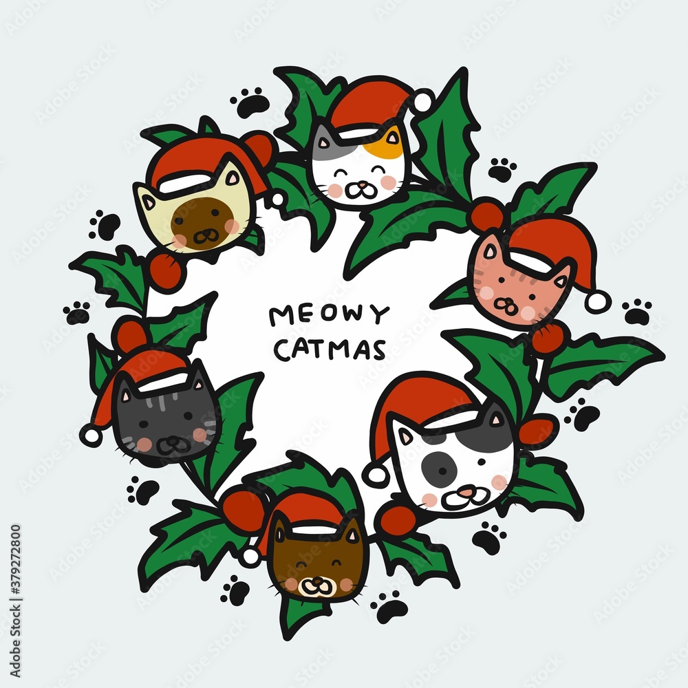 Cats wear Santa hat stay in Christmas wreath with word Meowy Catmas cartoon vector illustration