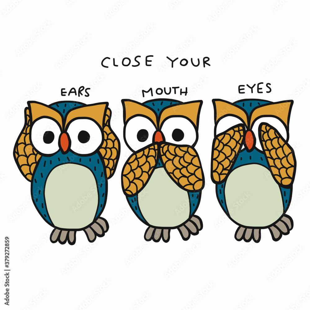 Owl close ears , mouth and eyes cartoon vector illustration Owl close ears , mouth and eyes cartoon vector illustration