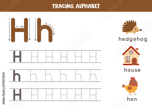 Tracing alphabet letter H with cute cartoon pictures.