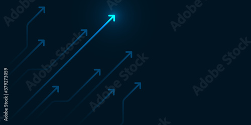 Glow up arrows circuit on dark blue background copy space digital business growth concept
