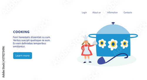 Childrens culinary interests website with little cook, flat vector illustration.