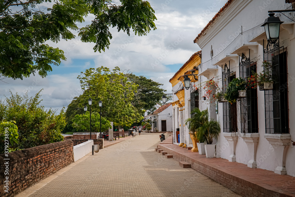 Promenade with typical historic houses, trees,  Santa Cruz de Mompox, Colombia, World Heritage