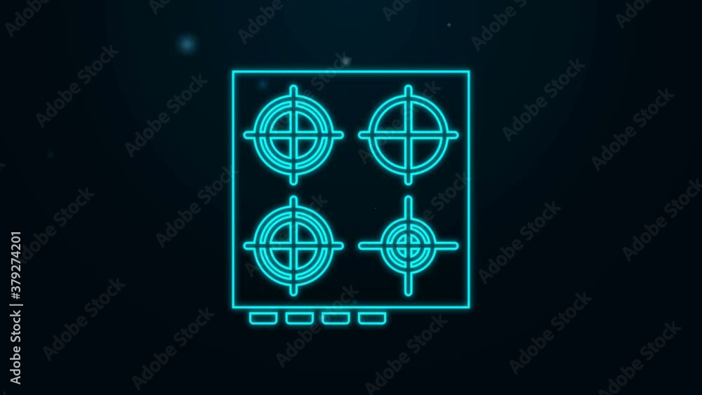 Glowing neon line Gas stove icon isolated on black background. Cooktop sign. Hob with four circle burners. 4K Video motion graphic animation Glowing neon line Gas stove icon isolated on black background. Cooktop sign. Hob with four circle burners. 4K Video motion graphic animation