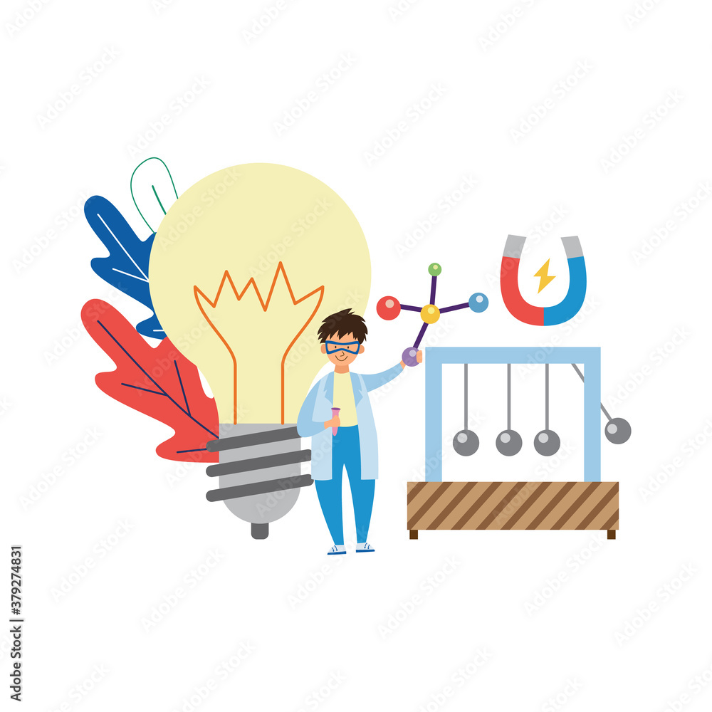 School physics classes and lessons with child boy flat vector illustration. School physics classes and lessons with child boy flat vector illustration.