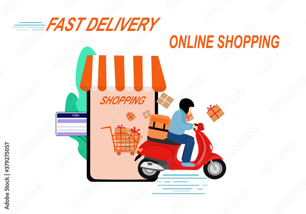 Vector picture show easy way to shopping online by mobile phone and fast delivery by motorcycle.vector illustration 