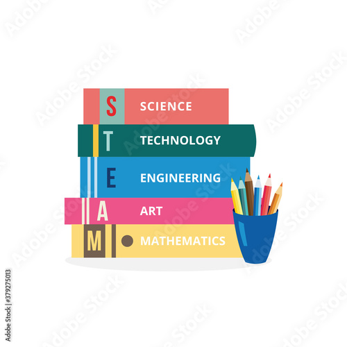 Colorful book stack with school subject names - education poster concept