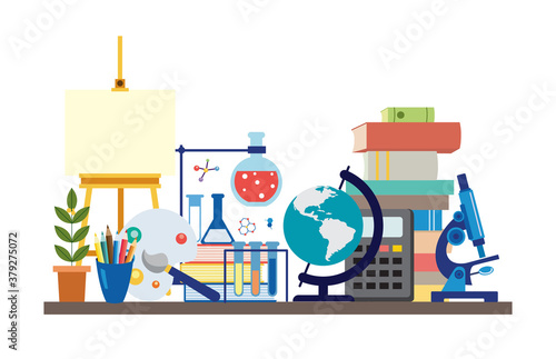 School subject supplies - art and science equipment, education symbols