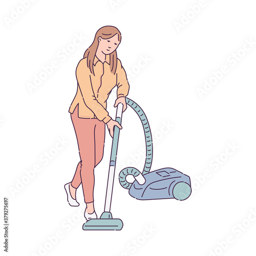 Housewife vacuuming the floor with vacuum, sketch vector illustration isolated.