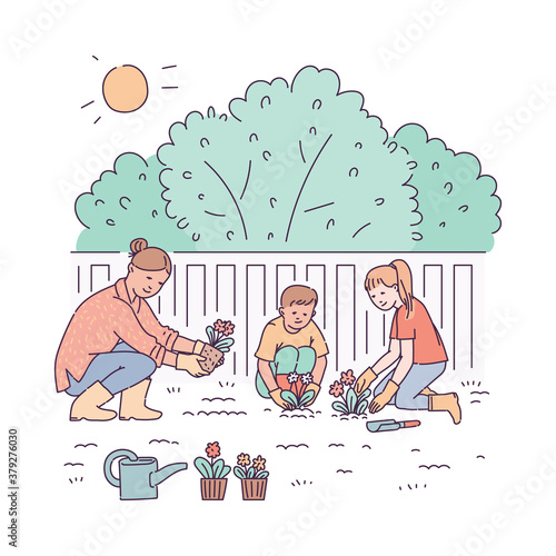 Family engaged with gardening and planting cartoon vector illustration isolated.