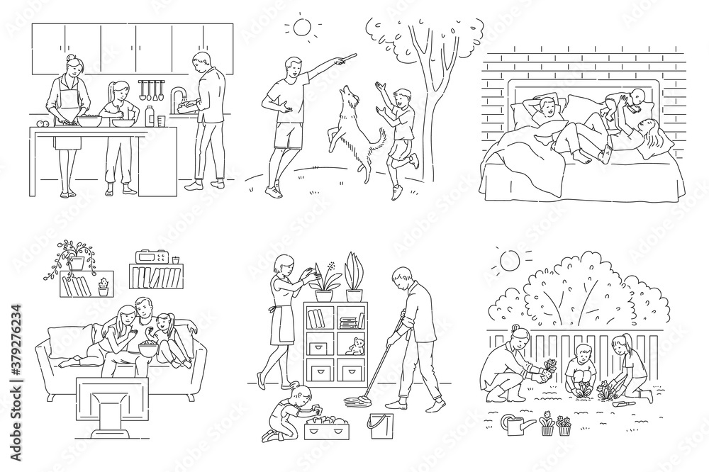 Fototapeta premium Family home activity set - cartoon parents and children working and relaxing