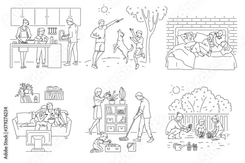 Family home activity set - cartoon parents and children working and relaxing