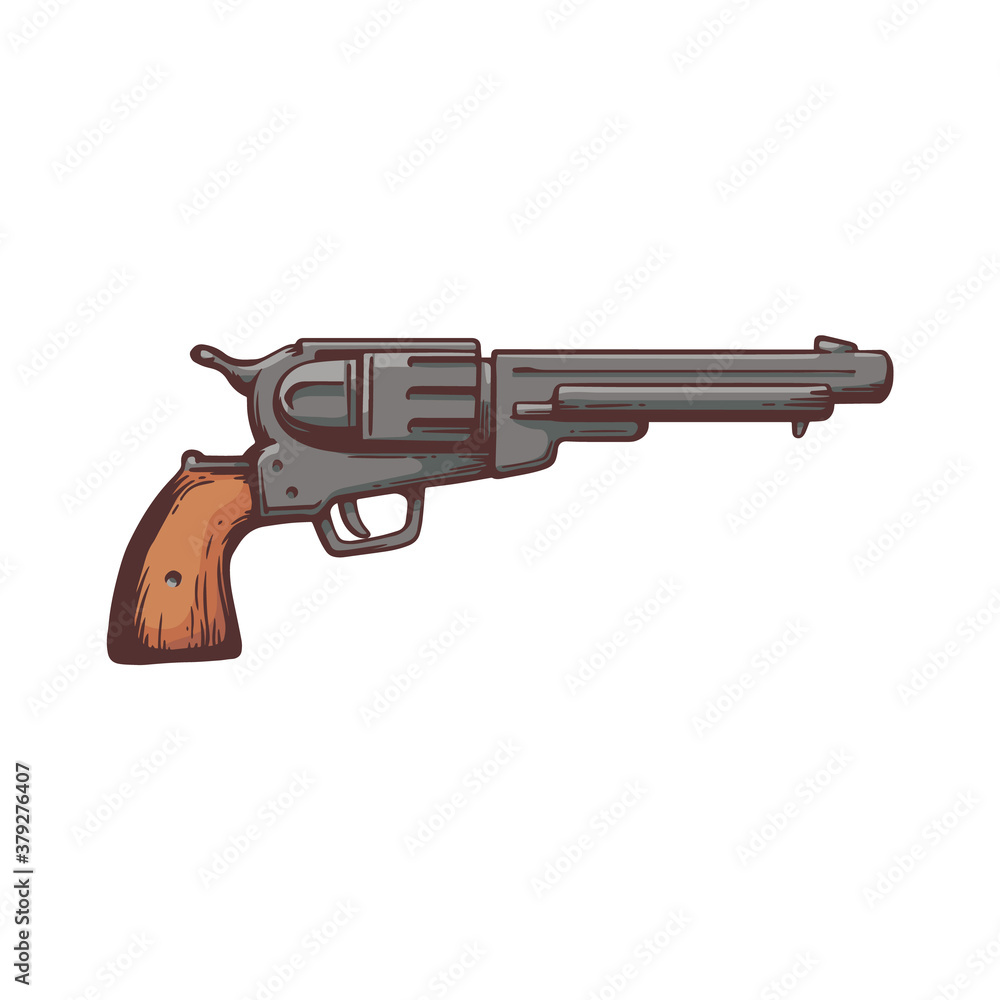 Retro revolver or cowboy gun cartoon icon, sketch vector illustration isolated.