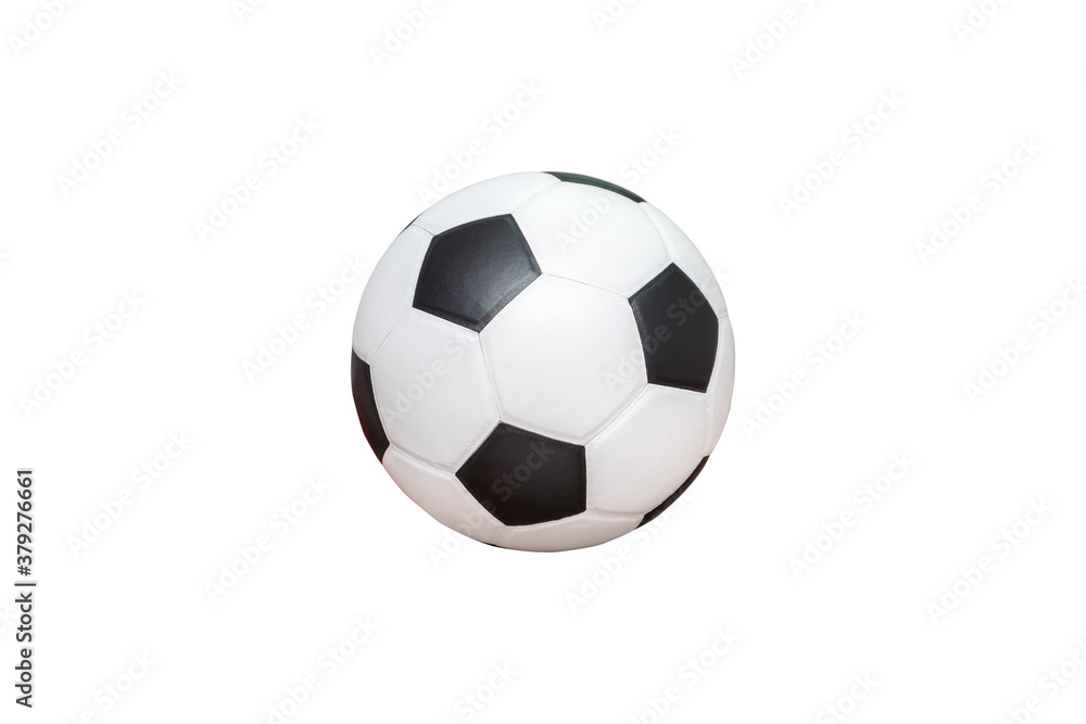 Classic leather soccer ball isolated on white background. Traditional black and white football equipment to play a competitive game. This photo can be used for sport concept.