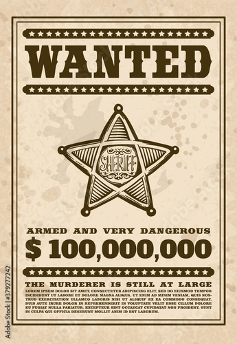 Vintage western Wanted poster with star vector illustration in engraving style.