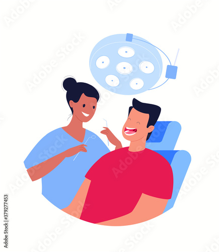 A female dentist holds instruments for examining a patient's teeth. The patient sits in the dentist's chair with his mouth open. Dentistry and healthcare concept. Vector flat cartoon illustration.