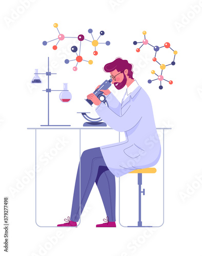 A doctor looks through a microscope in a laboratory and conducts a study.