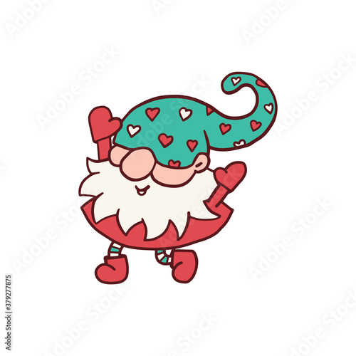 Cute cartoon dwarf or gnome jumping for joy vector illustration isolated.