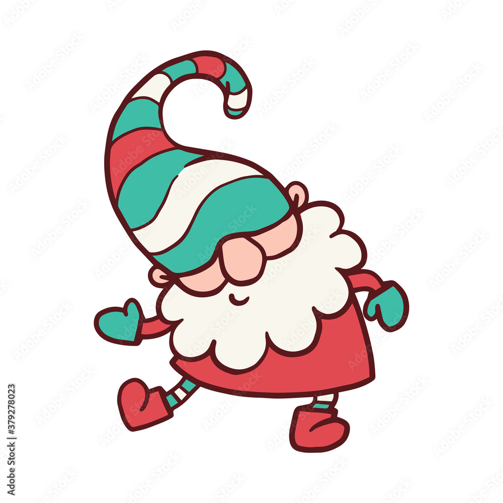 Dancing gnome in winter clothes and hat, cartoon vector illustration isolated.