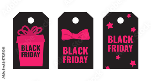 Set of Black Friday event shopping tags with pink gift and bow on dark background. Advertising campaign concept. Vector stock illustration.