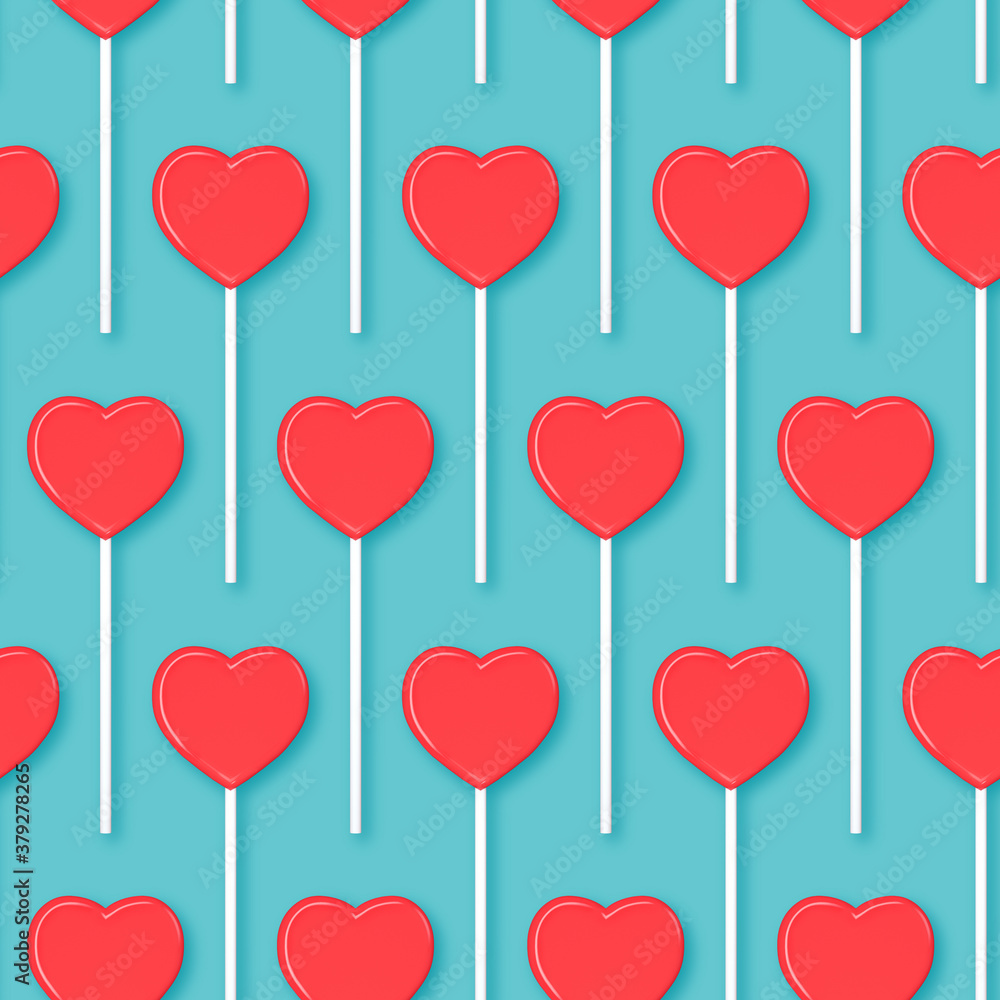 Seamless texture of lollipops in the form of a heart on a blue background. 3D rendering and 3D illustration.
