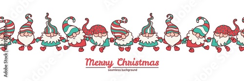 Merry Christmas banner with cute dancing gnomes cartoon vector illustration.