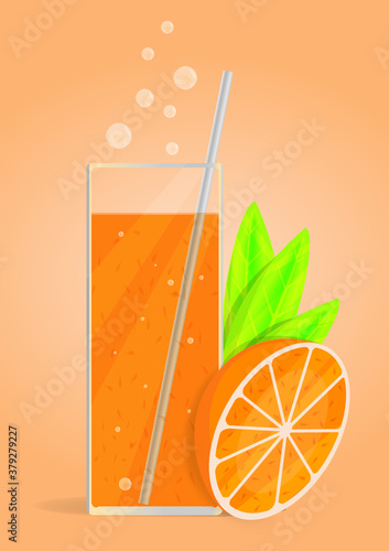 Glass of orange juice and fresh orange on soft orange background, vector design.