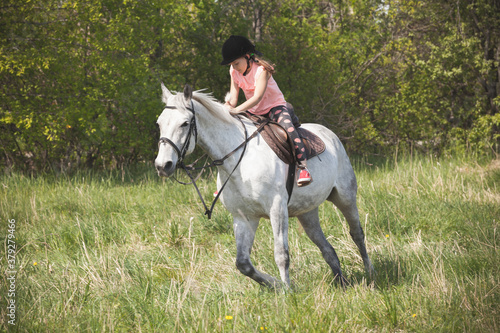 Little girl rides a white horse