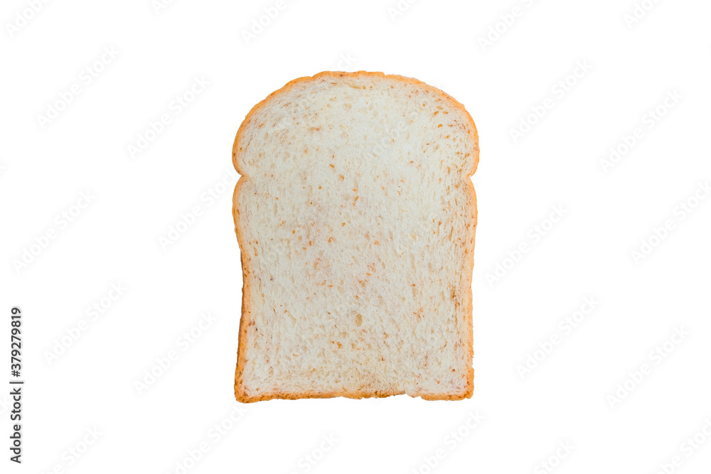 Above view of slice fresh whole wheat bread isolated on white background. Top view of baked bun.