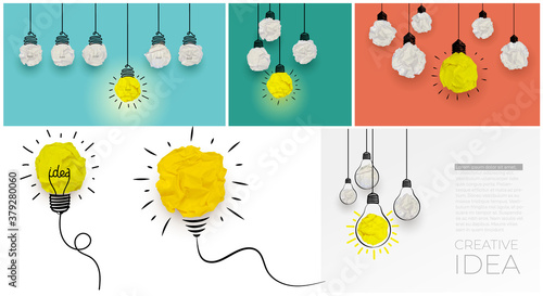 Set of concept creative idea hanging light bulbs with glowing one different idea on light blue, green, terracotta background. Minimal concept idea and innovation with paper ball. Vector illustration.