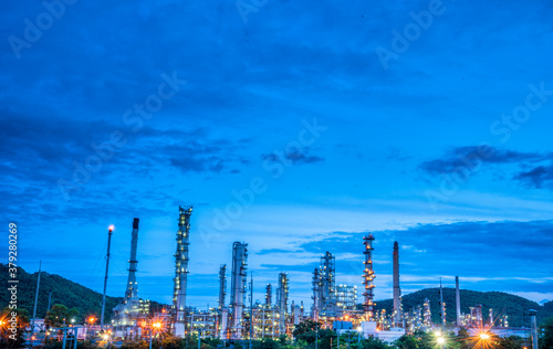 Oil refinery gas petrol plant industry with crude tank  gasoline supply and chemical factory. Petroleum barrel fuel heavy industry oil refinery manufacturing factory plant. Refinery industry concept