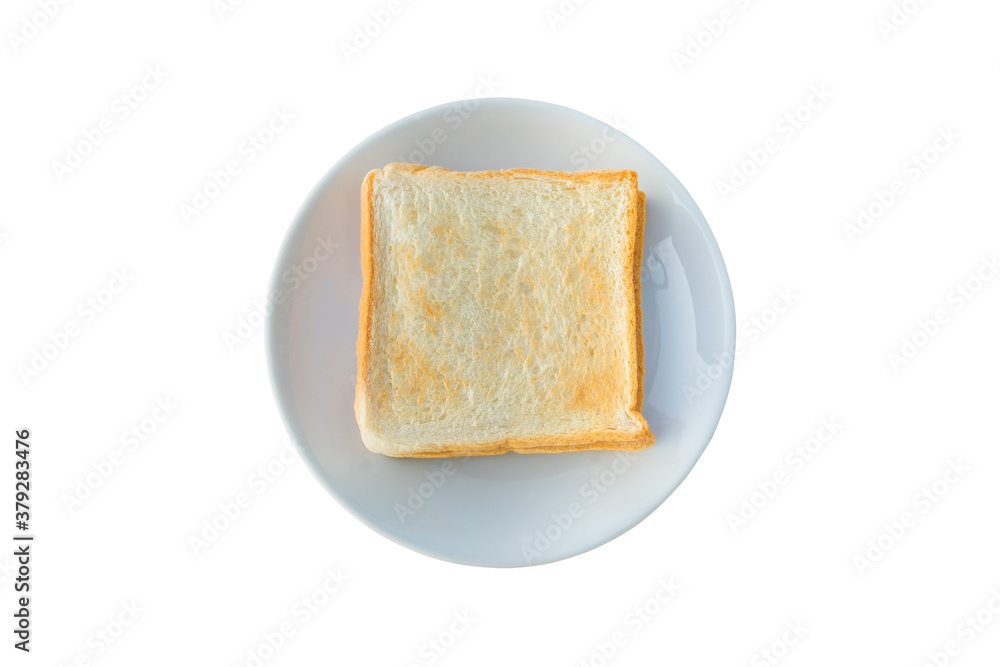 Above view of slice toast bread in plate isolated on white background. Top view of baked bun.