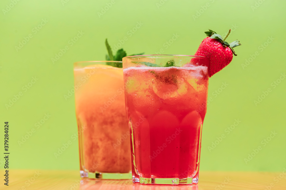 custom made wallpaper toronto digitalSummer drinks with fruit juice and ice. Refreshing summer beverages in different glasses over green background.