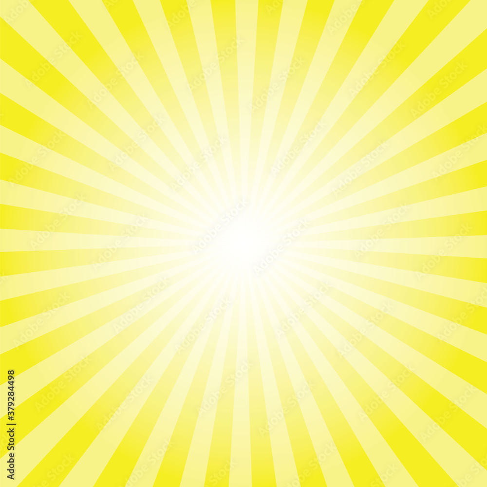 Fototapeta Sunburst background. Paradise yellow radiate sun beam burst effect. Sunbeam light flash boom. Sunrise glow burst. Solar radiance glare, retro design illustration.