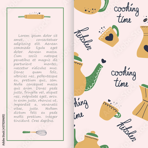 Cooking classes or courses equipment booklet, brochure, pamphlet, leaflet.  Tea pot and cup, text cooking time. Culinary vector illustration for menu design.