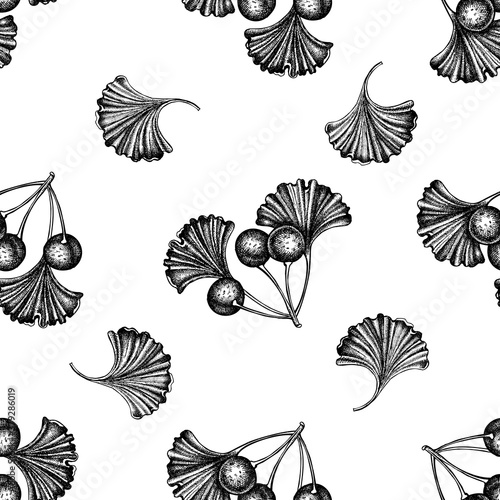 Seamless pattern with black and white ginkgo