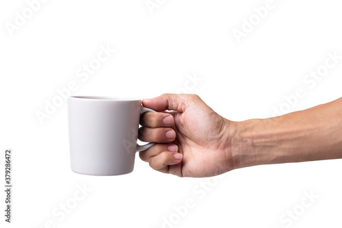 man holding a coffee cup isolated on a white background