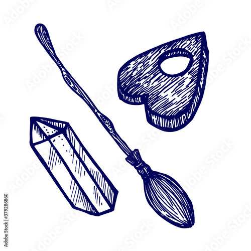 Oracle. Witches broom. Magic crystal. Halloween. Vintage engraving style.   Simple elements. Vector illustration. . 