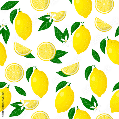 Φωτογραφία Vector cartoon seamless pattern with Citrus limon or Lemon exotic fruits, flower