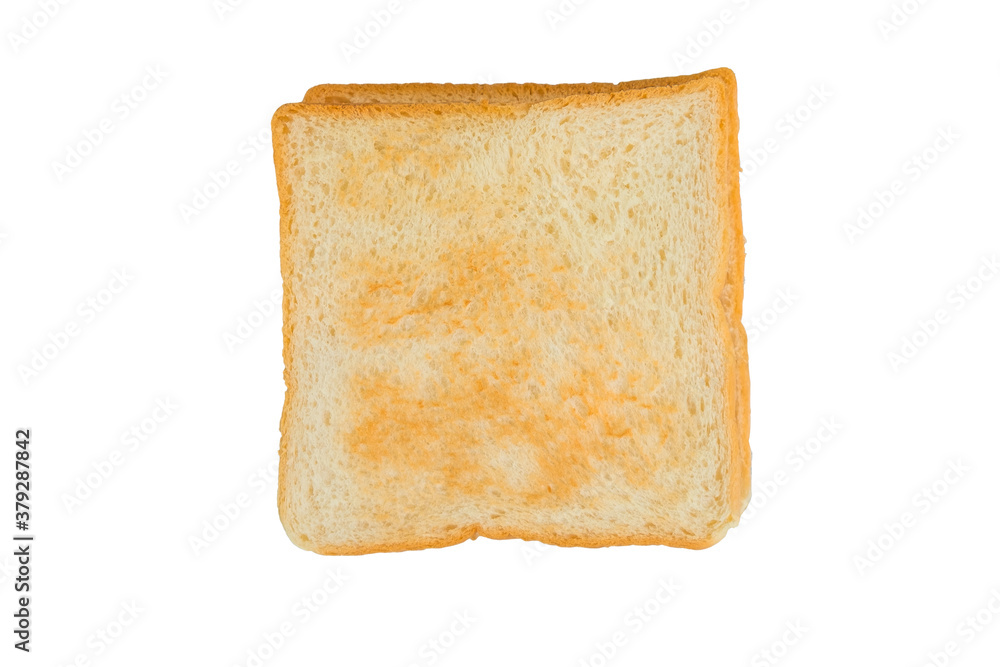Above view of slice toast bread isolated on white background. Top view of baked bun.