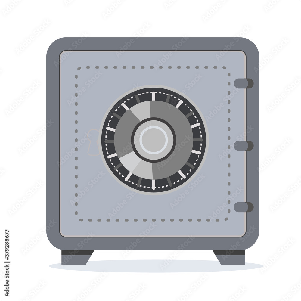 Bank safe box. Closed safe isolated on a white background. Security cash savings and money protection concept. Vector flat illustration. Bank safe box. Closed safe isolated on a white background. Security cash savings and money protection concept. Vector flat illustration.