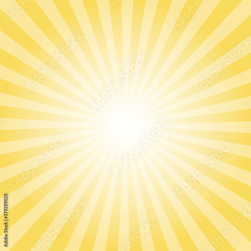 Title: Sunburst background. Royal yellow radiate sun beam burst effect. Sunbeam light flash boom. Sunrise glow burst. Solar radiance glare, retro design illustration.
